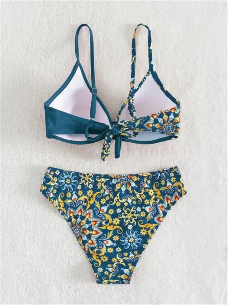 Cross V Neck Print Two Piece - Swim Suit Beachwear