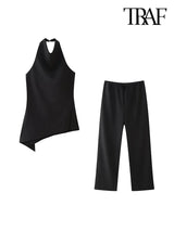 Asymmetric Halter Tank Tops and Straight Pant Sets