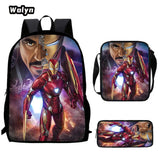 3-PCS Set Cartoon Anime Iron Man Kids School Backpack