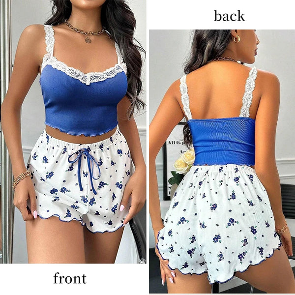 Blue Lace Trimmed Camisole Vest and Bow Shorts Pajama Set