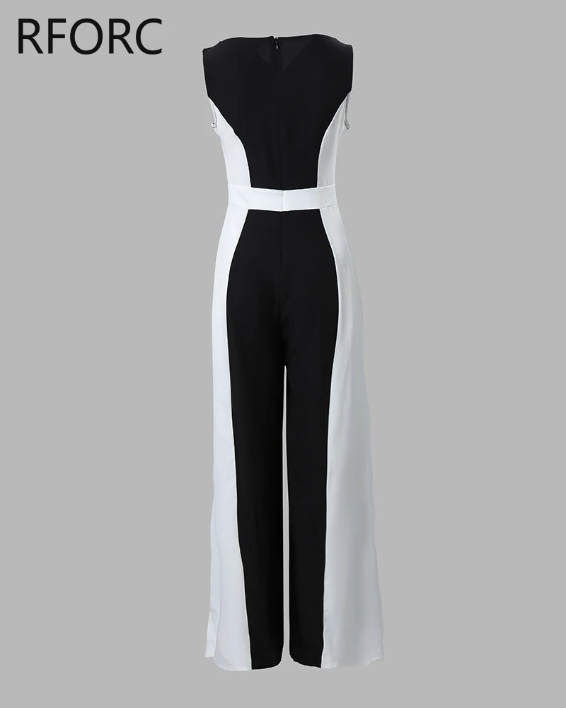 V-Neck Patchwork Sleeveless Wide Leg Formal Jumpsuit