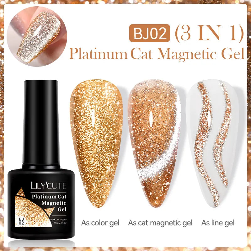 3 IN 1 Platinum Rose Gold Magnetic Gel Nail Polish - Moonlight Magnetic Gel Varnish with Glitter