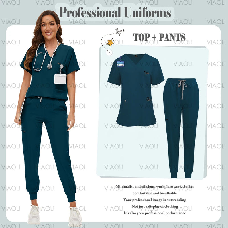 Women's Scrubs Uniform Set: Short Sleeve, V-neck Tops + Jogger Pants Set