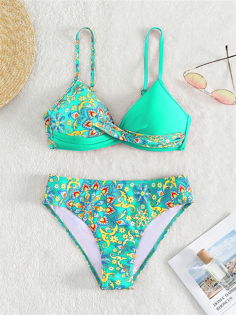 Cross V Neck Print Two Piece - Swim Suit Beachwear