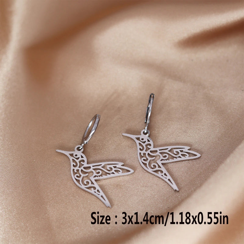 Hummingbird Drop Earrings for Women - Flying Bird Stainless Steel Earrings