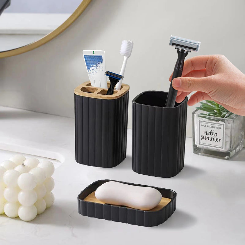 Bathroom Set Soap Dispenser, Toothbrush Cup, and Bamboo Tray Set