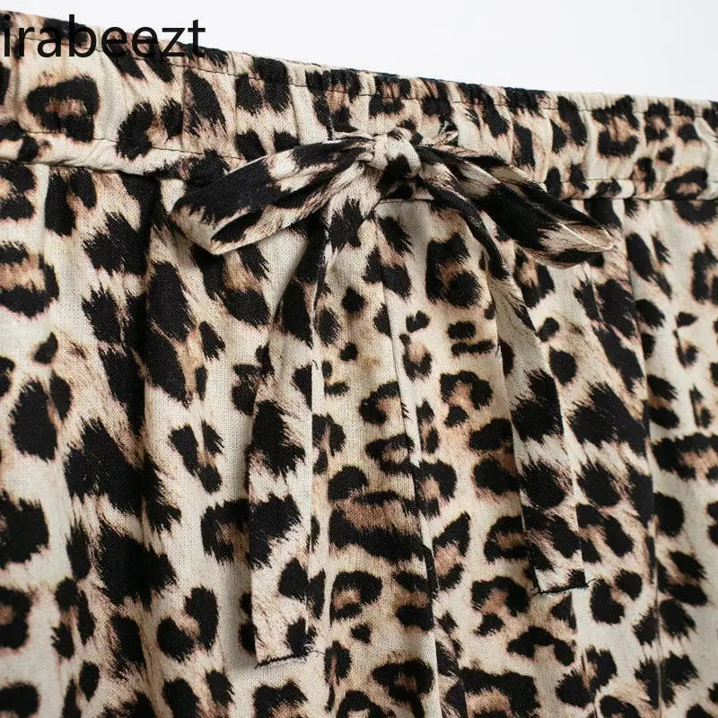 High Waist Bow Lace-up Linen Blend Leopard Print Wide Leg Pants