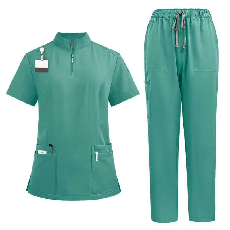 Stand-Up Collar Zipper Pocket Scrub Set