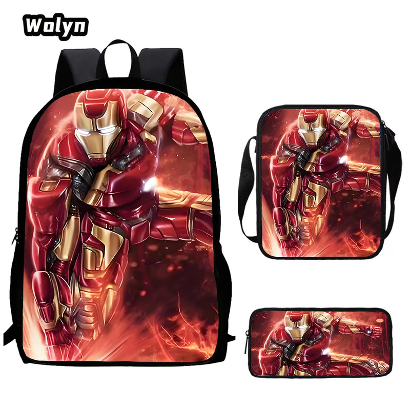 3-PCS Set Cartoon Anime Iron Man Kids School Backpack