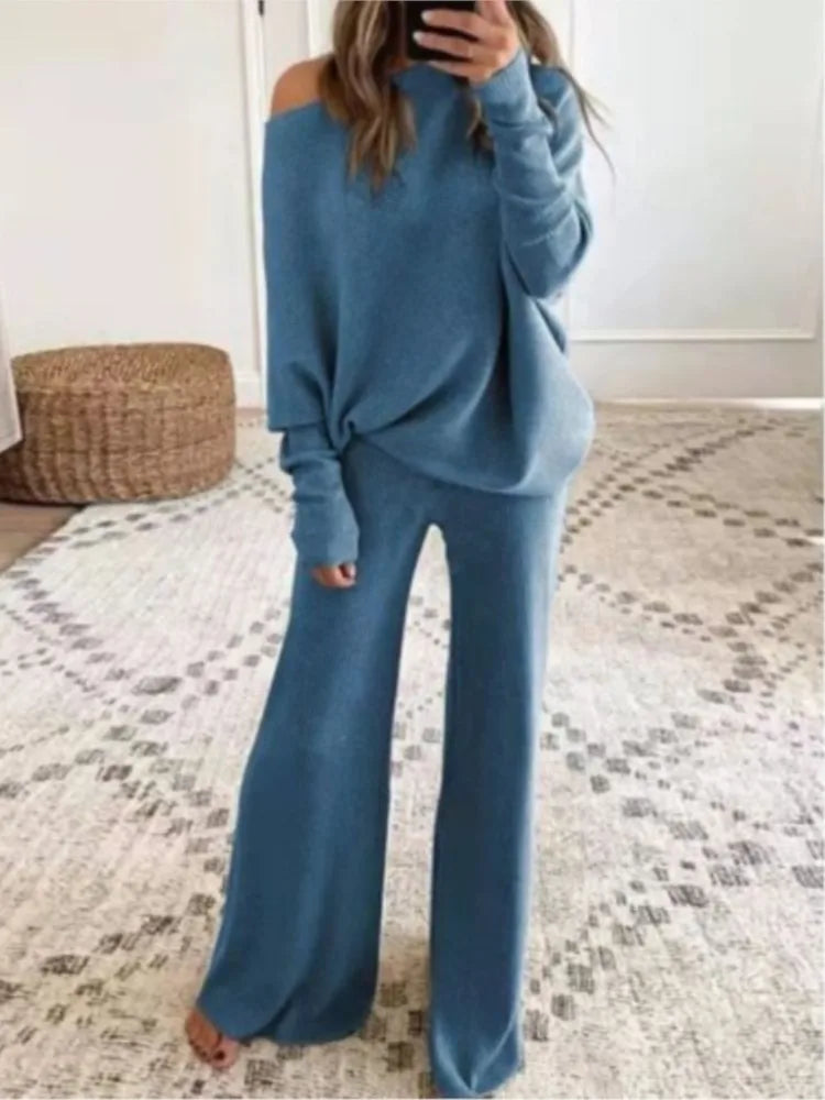 Long-Sleeved Bateau Collar Top & Wide-Leg Pant Set