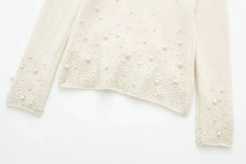 Vintage Knitted Pearl Women's Long Sleeve O Neck Thick Sweater + High Waist Knit Mini Skirt Set