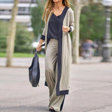 3 Pcs Casual pant set Long Sleeve Cardigan, Coat Sling Top, and Wide Leg Pants