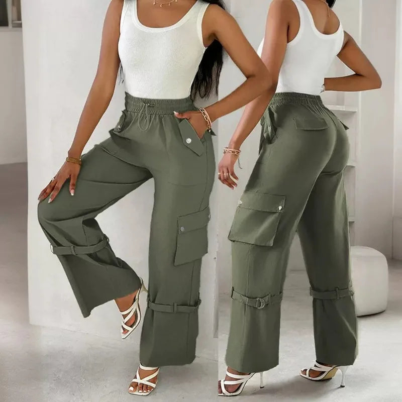 Women's Solid Color Casual Multi-Pocket Cargo Pants