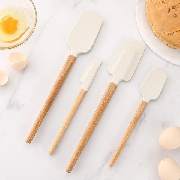 2Pcs/Set White Silicone Cream Spatula - Non-stick Pastry Blenders with Wood Handle