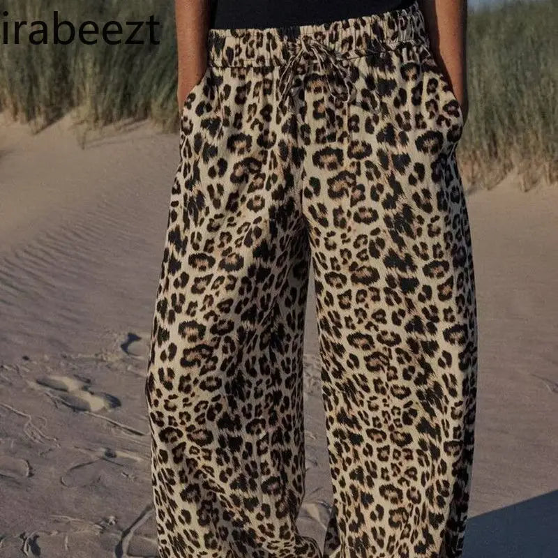 High Waist Bow Lace-up Linen Blend Leopard Print Wide Leg Pants