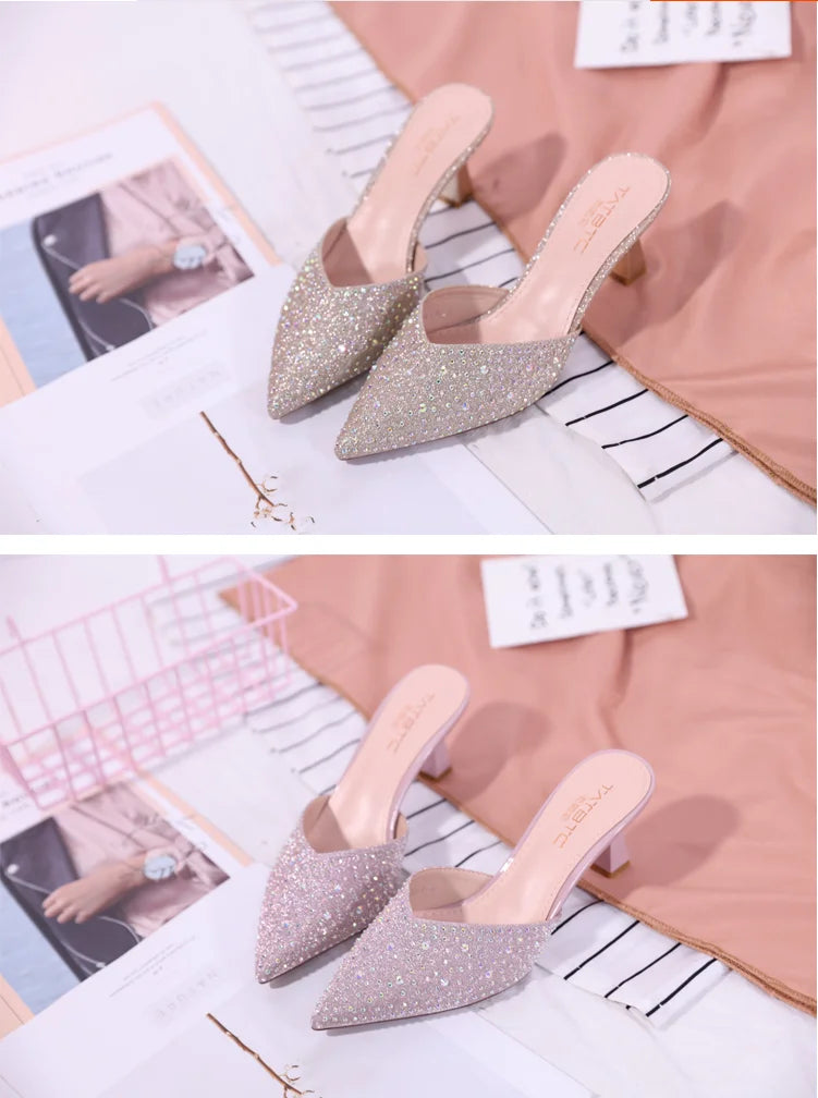 Rhinestone Women's Mule Slides Heeled Pointed Toe