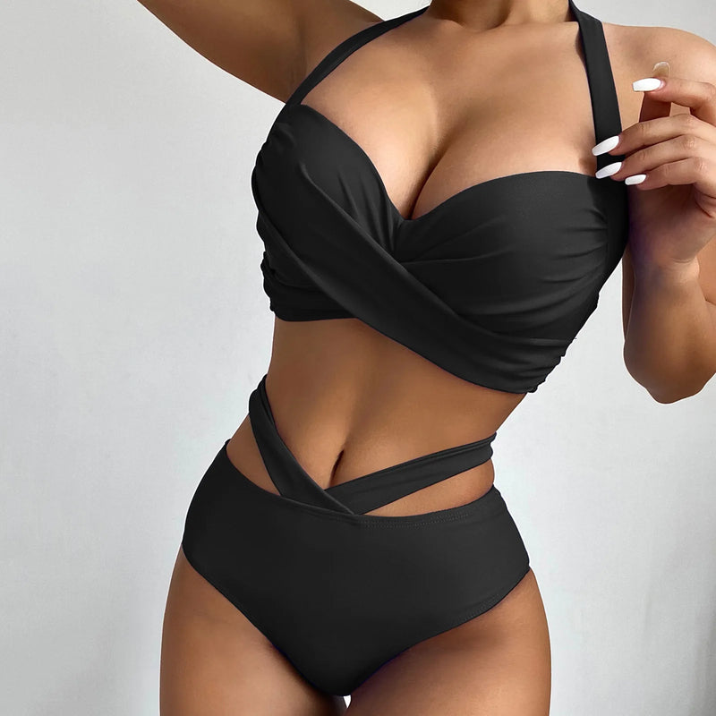 Cut Out High Waist Swimsuit - Halter Top Swimwear