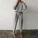 Casual O-neck Full Sleeve Pullover Pleated Long Trousers 2-Piece Outfit