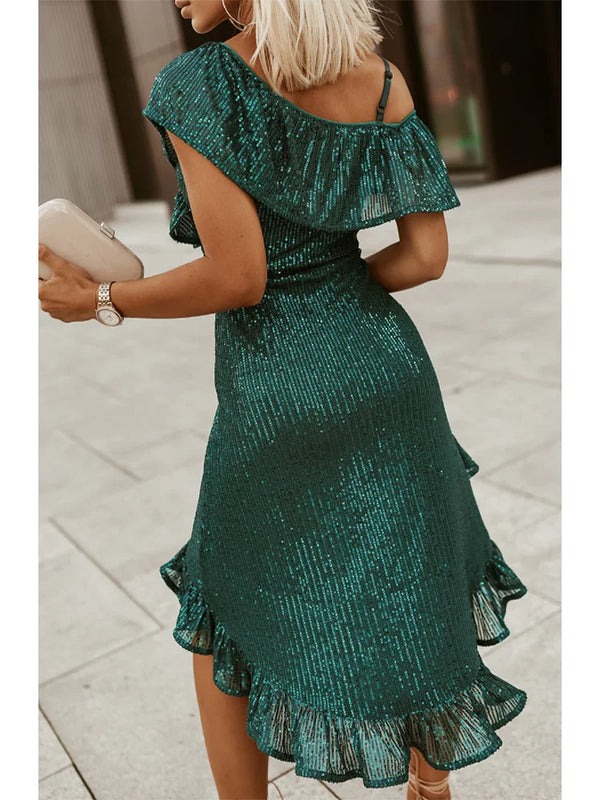 Slim Fit Green Off Shoulder Sequin Dress