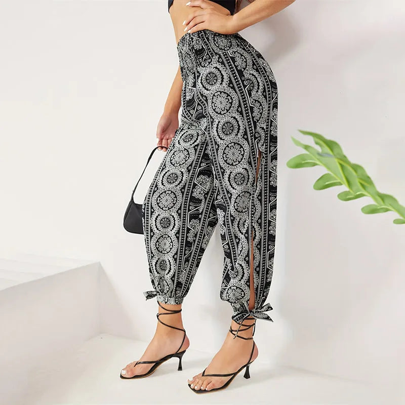 High Waisted Slit Wide Leg Casual Solid Hollow Trousers