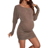 Long Sleeve Maternity Dress with Side Pull Rope and Hip-Fit Design