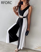 V-Neck Patchwork Sleeveless Wide Leg Formal Jumpsuit