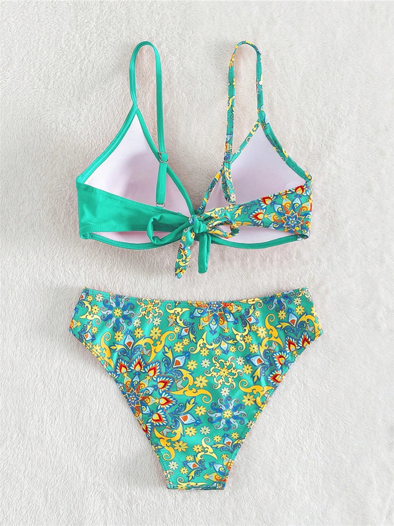 Cross V Neck Print Two Piece - Swim Suit Beachwear