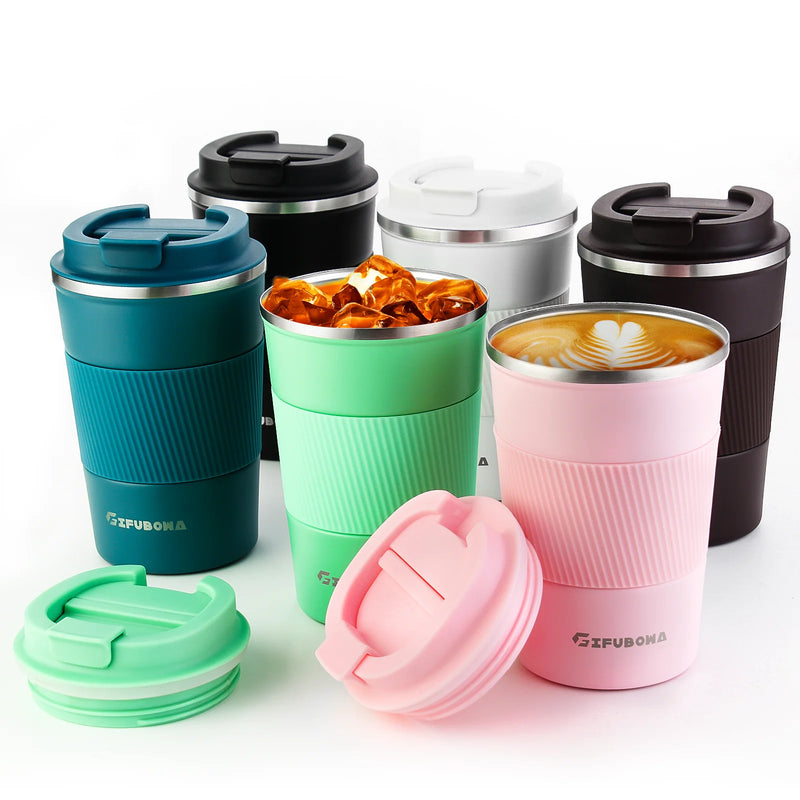 Coffee Thermos Mug 380ml Stainless Steel Leak-Proof Lid Non-Slip Car Vacuum Flask Cold Drink Travel Thermal Cup Hot Water Bottle