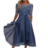 Elegant Lace Chiffon Flowing Dress - Half Sleeve Lace Chiffon Dress