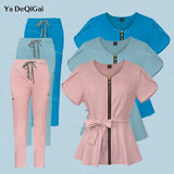 Women's Nursing Scrubs Sets - Zippered Top with Belt and Tapered Leg Pants