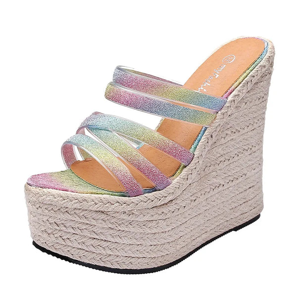 Women's Braided Hemp Rope Beach Platform Sandals with Sequin Design