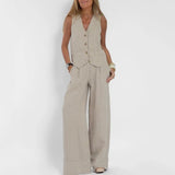 Cotton Linen Long Pants Sleeveless Vest Set