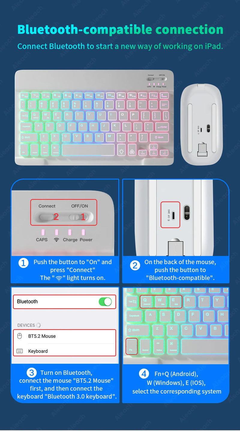 Rainbow RGB Backlit Wireless Keyboard and Mouse Set for Tablet, iPad, and Smartphone