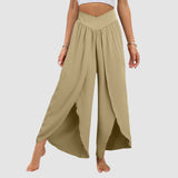 Wide Leg Pants with Front Slit High Waisted Pleated - Boho Beach Yoga Pants