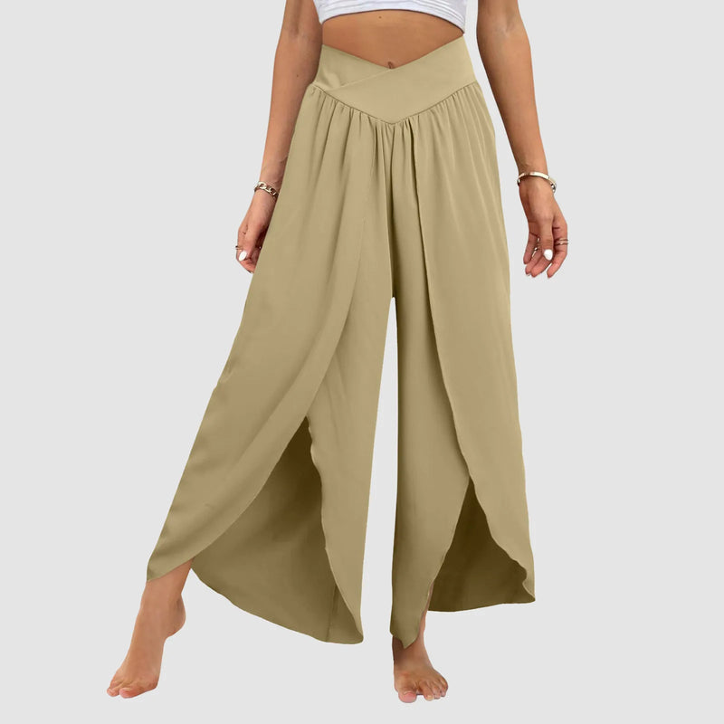 Wide Leg Pants with Front Slit High Waisted Pleated - Boho Beach Yoga Pants