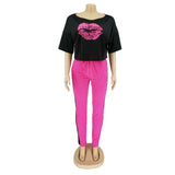 2-Piece Women's Tracksuit: Lips Print Top + Jogger Pants Set