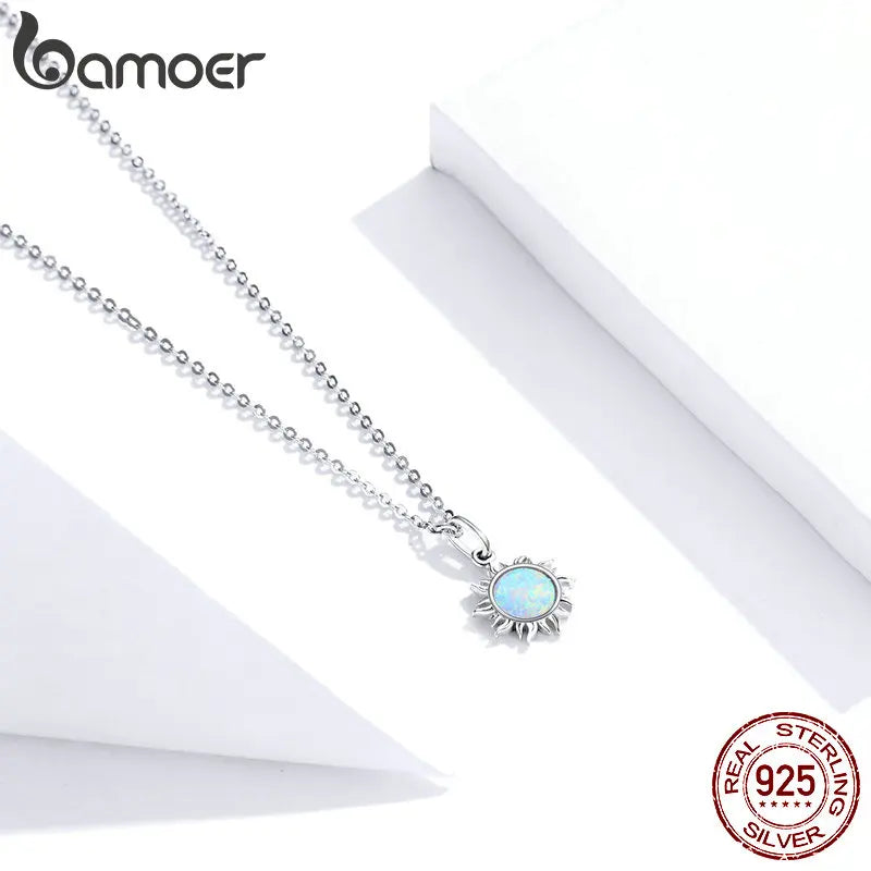 925 Sterling Silver White Opal Sun Pendant Necklace