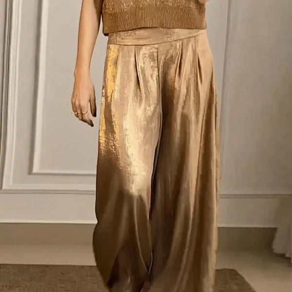 High Waist Casual Metallic Wide-Leg Pants