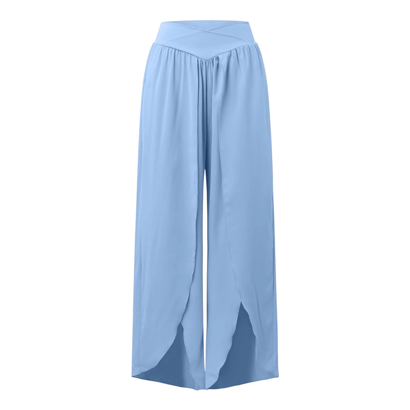 Wide Leg Pants with Front Slit High Waisted Pleated - Boho Beach Yoga Pants