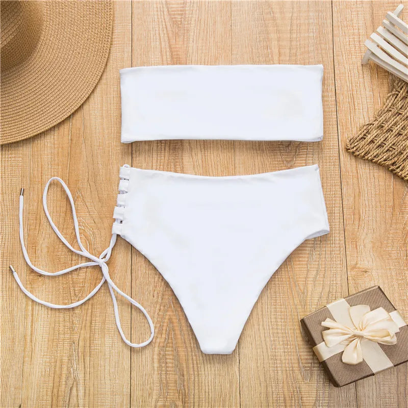 Solid color tube top bikini set