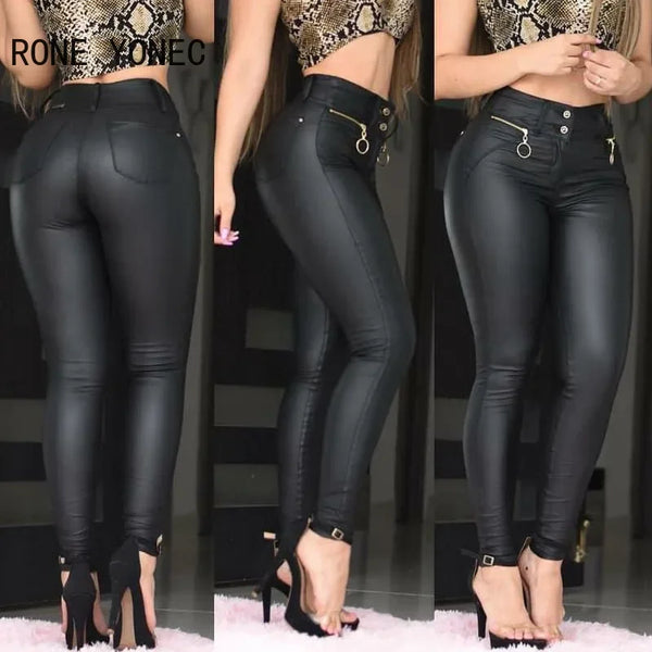 PU Leather Zipper Waist Skinny Pencil Pants