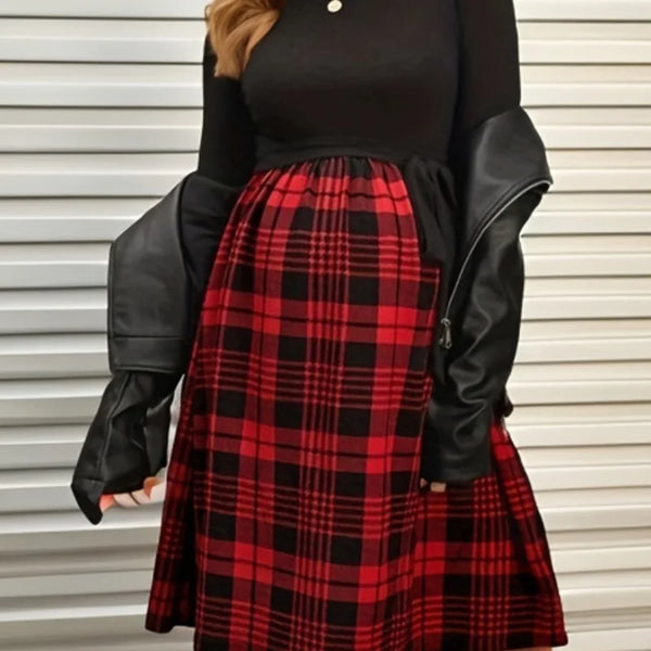 Plaid Long Sleeve Loose Fit Maternity Dress