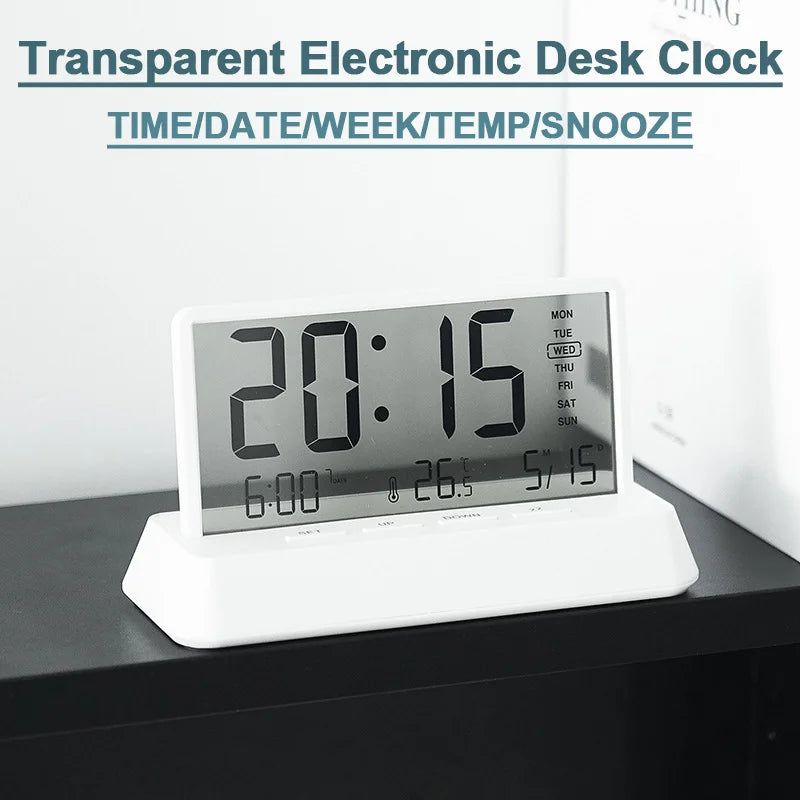 Digital Alarm Clock - Transparent Electronic Desk Clock with Date, Temp, and Large Display Screen