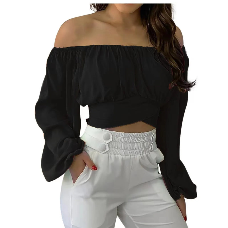 Off Shoulder Ruched Tie Back Crop Top