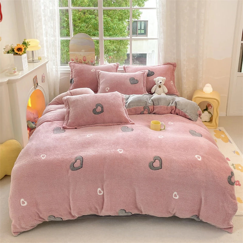 Thick Fleece Flower Duvet Cover for Girls – Pink Winter Warm Quilt Cover