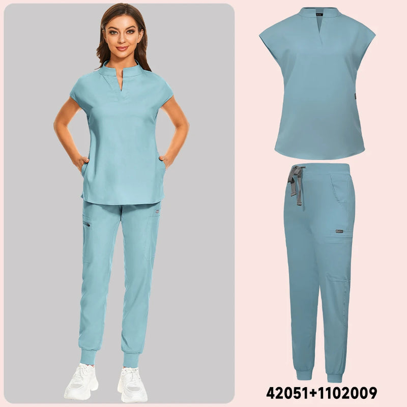 Stand Neck V-Cut Scrub Top & Jogger Pants Scrub Sets