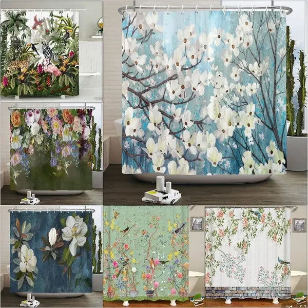 Chinese Style Flower and Birds Tree Shower Curtain