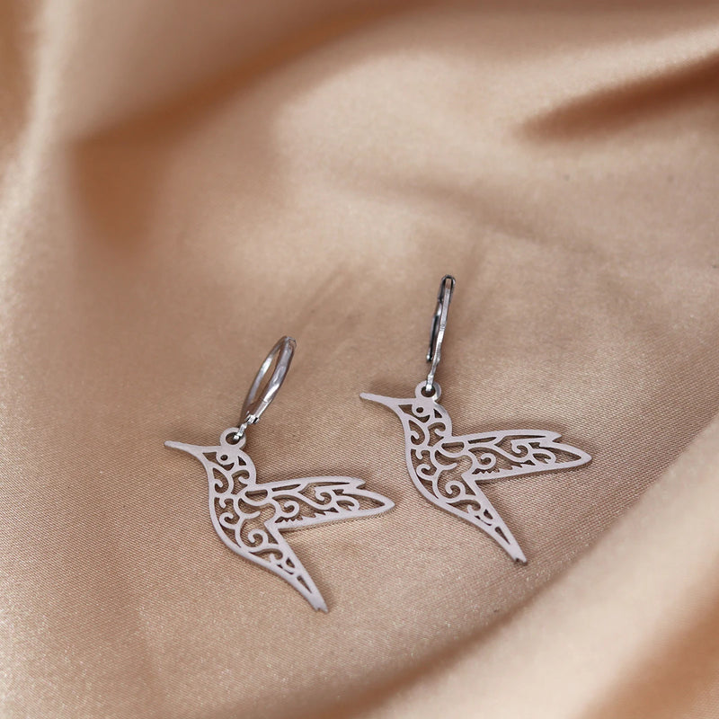 Hummingbird Drop Earrings for Women - Flying Bird Stainless Steel Earrings