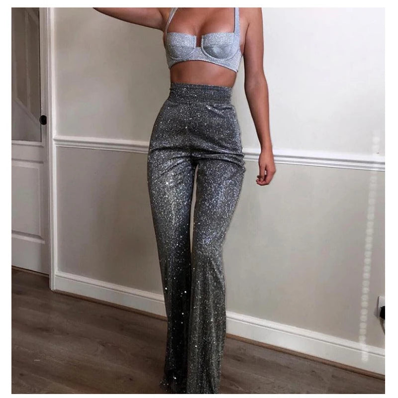 Fashionable High Waist Loose Wide Leg Sparkle Legs Casual Straight Pants