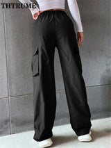 Fashion Solid High Elastic Waist Pocket Straight Cargo Pants